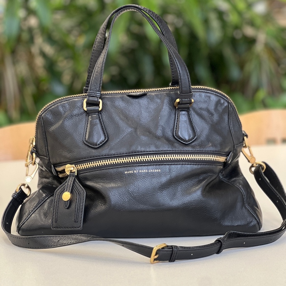 Marc by Marc Jacobs Black Leather Globetrotter Satchel with Gold Hardware